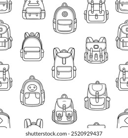 Doodle backpack seamless pattern design. Education background outline design vector illustration