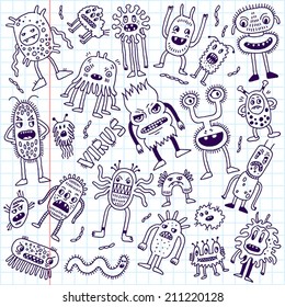 Doodle bacteria germs set. Hand drawn vector illustration. School notebook.