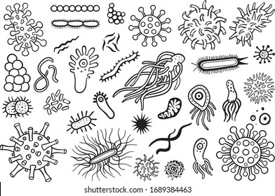Doodle bacteria and virus cell, doodle collection, black sketch, decorative icons, set isolated vector illustration, hand-drawn bacteria and virus theme