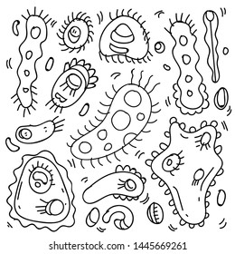Doodle Bacteria And Virus Theme Doodle Collection In White Isolated Background, Hand-drawn Bacteria And Virus Theme.