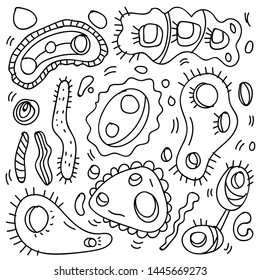 Doodle Bacteria And Virus Theme Doodle Collection In White Isolated Background, Hand-drawn Bacteria And Virus Theme.