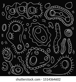 Doodle Bacteria And Virus Theme Doodle Collection In Black Isolated Background, Hand-drawn Bacteria And Virus Theme.