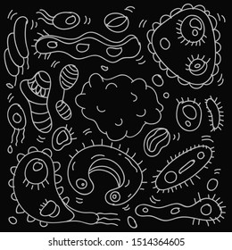 Doodle Bacteria And Virus Theme Doodle Collection In Black Isolated Background, Hand-drawn Bacteria And Virus Theme.