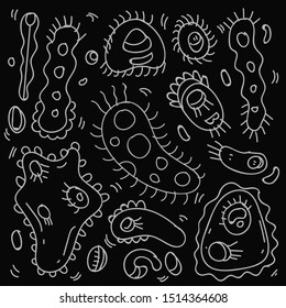 Doodle Bacteria And Virus Theme Doodle Collection In Black Isolated Background, Hand-drawn Bacteria And Virus Theme.