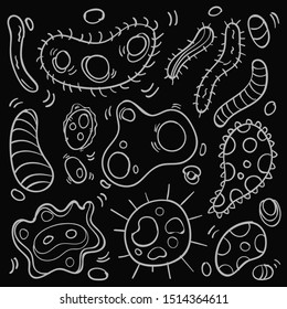 Doodle Bacteria And Virus Theme Doodle Collection In Black Isolated Background, Hand-drawn Bacteria And Virus Theme.