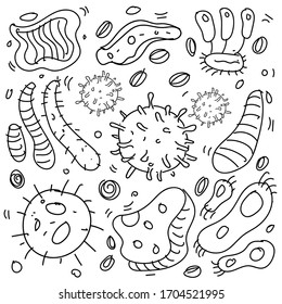 Doodle Bacteria And Virus Theme Doodle Collection In White Isolated Background, Hand-drawn Bacteria And Virus Theme.