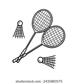 Doodle Badminton Icons set. Sport vector illustration with racket