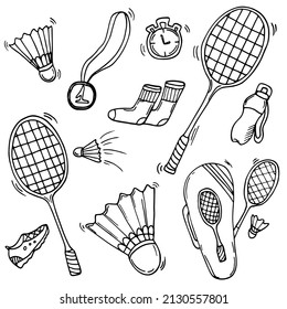 Doodle Badminton Icons set. Spring sport vector illustration.