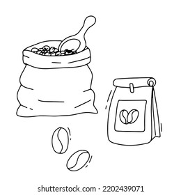 Doodle bag of coffee beans and spoon. Packaging with coffee. Vector illustration isolated on white
