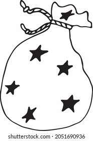 Doodle bag with gifts inside hand-drawn. Vector bag with stars. Santa Claus bag. A symbol of Christmas and New Year. Black outline on a white background.