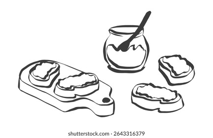 Doodle of baguette and jam. Whimsical icon of breakfast in simple crayon and sketch style. Trendy art for menus and brunch invitations. Vintage vector illustration