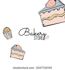 Fondo de la panadería de Doodle con productos de panadería. Cartel para la panadería. Plantilla de diseño de Vector para anuncios, Anuncio, cubierta, etiqueta.