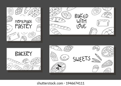 Doodle bakery banner, flyer, calling card template. Various American, Belgian, Italian traditional bakery and pastry. Cute vector hand-drawn cartoon or sketch style illustration. 