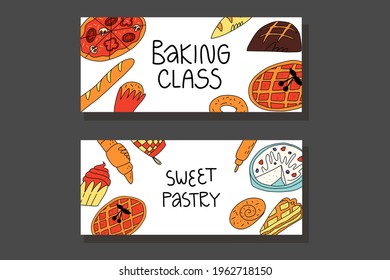 Doodle bakery banner, flyer template. Various American, Belgian, Italian traditional bakery items, bread and pastry desserts. Cute vector hand-drawn cartoon or sketch style illustration.