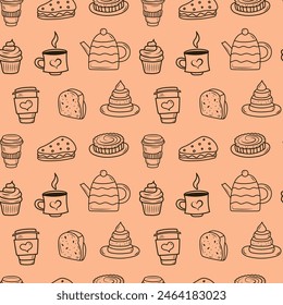 Doodle bakery coffee seamless pattern. Hand drawn cupcake, coffee cups, cookies for wrapping paper, package print, cafeteria and shop wallpapers.