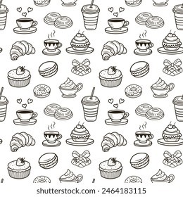 Patrón sin fisuras de café de panadería Doodle. Bizcocho dibujado a mano, tazas de café, galletas para envolver papel, impresión de paquete, cafetería y Fondos de pantalla de la tienda.