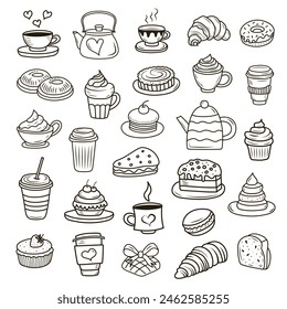 Doodle bakery coffee shop set. Cute doodle cartoon coffee shop icons. 