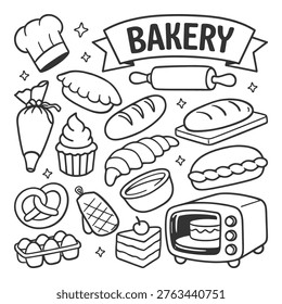 Doodle Bakery Icons. Bread, Pastries, Oven, and Chef Hat