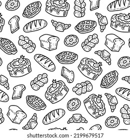 Doodle bakery products food seamless pattern. Cute hand drawn flour product, dessert, bread, cake, pie, croissant, donut. Repeat food vector illustration design in cartoon style for package, delivery