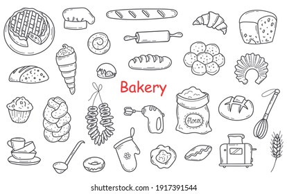 Doodle Bakery,Pastry and Tools for Cooking in Sketch style.Set of Line Wheat Bread.Outline Hand Drawn kitchen equipment and loaf,baguette,bagel. Vector Illustration.Isolated in White Background.