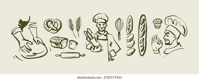 Doodle baking set with chef, ingredients and tools in sketch style. Vintage culinary process, cozy kitchen, bakery branding. Hand drawn vector illustration