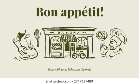 Doodle baking set with chef, tools and cafe fasad in crayon sketch style. Vintage culinary process, cozy kitchen, bakery branding. Hand drawn vector illustration