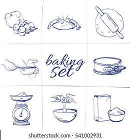 Doodle Baking Set - Egg Steps, Roll Out Dough, Sift Flour, Kneading Dough, Bake, Cake Tin, Kitchen Scales, Meal, Open The Egg, Hand-drawn. Vector Sketch Illustration Isolated Over White Background.