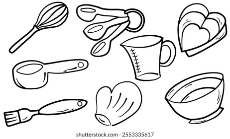 Rabiscar ferramentas de assar, misturador, bolo, colher, cupcake, balança. Estilo de esboço Doodle. Elementos de padaria desenhados com caneta pincel digital. Conjunto de ferramentas de panificação e cozedura, puxado à mão