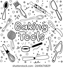 Doodle baking tools, vector hand drawn illustration. equipment: mixer, spoon, fork, roll, spatula, sieve. Sketch style. 