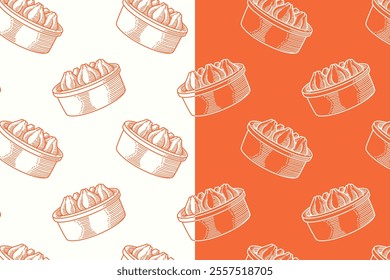 doodle bakpao dumpling on steamer seamless pattern on orange white background for print on packaging, merchandise.  retro bakpao on box pattern background. pattern of bakpao dim sum vector background