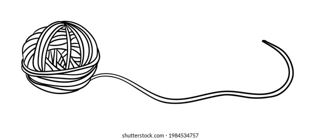 Doodle ball of thread. Design for banner, decor, logo. Knitting icon. Black and white vector illustration.