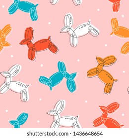 Doodle balloon dog or rabbit. Different colors. Hand drawn colorful vector seamless pattern. Trendy illustration. Flat design. Cartoon style