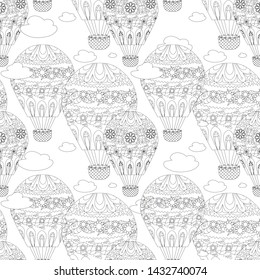 Doodle balloon seamless pattern, monochrome coloring page design element stock anti-stress vector illustration for web, for print