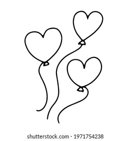 Doodle balloons in the shape of hearts. Outline festive decoration isolated on white background. The symbol of the holiday, gift, party, Valentines Day, Birthday, Wedding. Vector line illustration