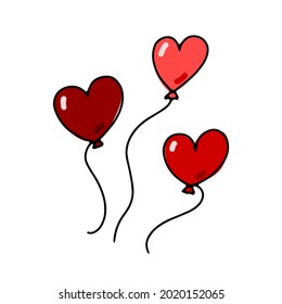 Doodle balloons in the shape of hearts. Outline red festive decoration isolated on white background. The symbol of the holiday, gift, party, Valentines Day, Birthday, Wedding. Vector line illustration