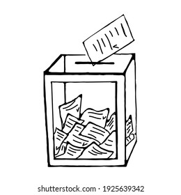 Doodle of ballot box on white background. Vector ballot box can be used in election campaign designs, postcards.