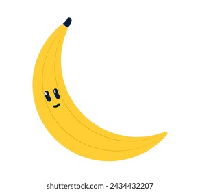 Doodle Banana Character for kids. Smiling yellow kawaii fruit with peel. Healthy vitamin food. Palm fruit. Children drawing. Isolated object. Colored Vector illustration