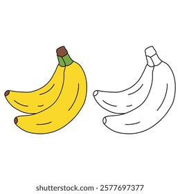 Doodle banana coloring pages for kids. Trace and color banana. Banana fruit line art clip art illustration. Coloring pages worksheets for kids activity printable. Kindergarten and preschool activity. 