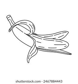 Doodle Banana icon. Hand drawn ripe peeled banana, trendy line art style fruit. Tropical fruit, banana snack or vegetarian nutrition. Isolated on white Vector illustration
