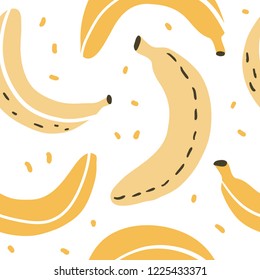 Vector de plátanos Doodle sin fisuras. Textura de fondo de color para el papel de la cocina, textil, tela, papel. Fondo de frutas planas. Vegan, granja, ilustración de comida tropical natural