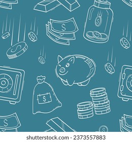 Doodle bank, savings money, piggy bank, dollar, coins, gold icons. Seamless vector pattern of doodle icons on blue background. 