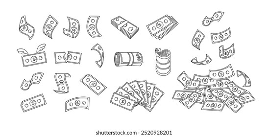 Doodle banknotes. Money bills stacks, falling finances and flying cash. Roll, fan and pile of dollar bills. Hand drawn currency notes vector illustration set.