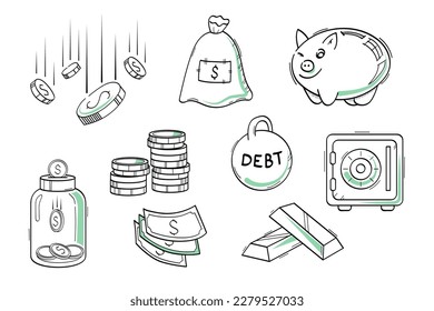 Doodle banks crisis, savings money - a set of vector icons. Piggy bank, dollar drop, debts, savings. Line illustrations.