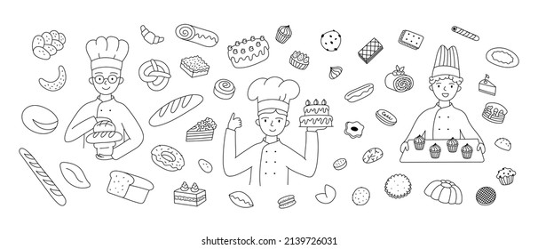 Doodle banner bakers confectioners and pastry cakes bread