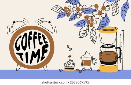 Doodle banner coffee time. Coffee machine, alarm clock, dessert and cup of coffee. Vector linear color hand drawn illustration