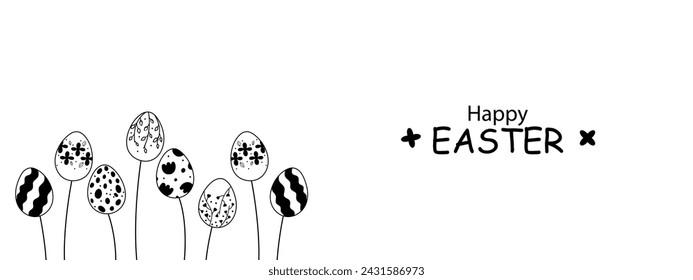 Doodle banner for Easter decoration. Silhouettes of Easter eggs growing like flowers in vintage style with floral elements. Happy Easter. Unique design for  decoration with free place for your text.