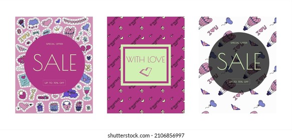 Doodle banner for Valentine s day. Vector colorful illustration for the holiday on February 14. Hand draw set for romance, wedding, date, invitation, greeting card, love. Icons for banners, sales