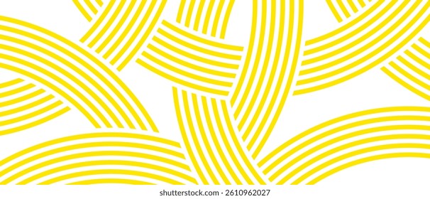 Doodle banner with yellow ramen pattern on white background. Wave abstract pattern. Pasta background, spaghetti abstract geometric pattern.