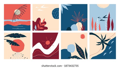 Doodle banners. Abstract hand drawn landscapes. Tropical palm leaves and sunset or sunrise, seashore and sky. Collection of minimalistic shapes in worm colors. Square modern posters, vector trendy set