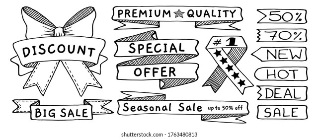 Doodle banners, flags, ribbons and tags set, hand drawn with thin line